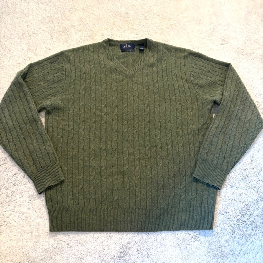 Allen Solly Men Cashmere Cable Knit V-Neck Sweater Olive Green‎ M Prep Old Money